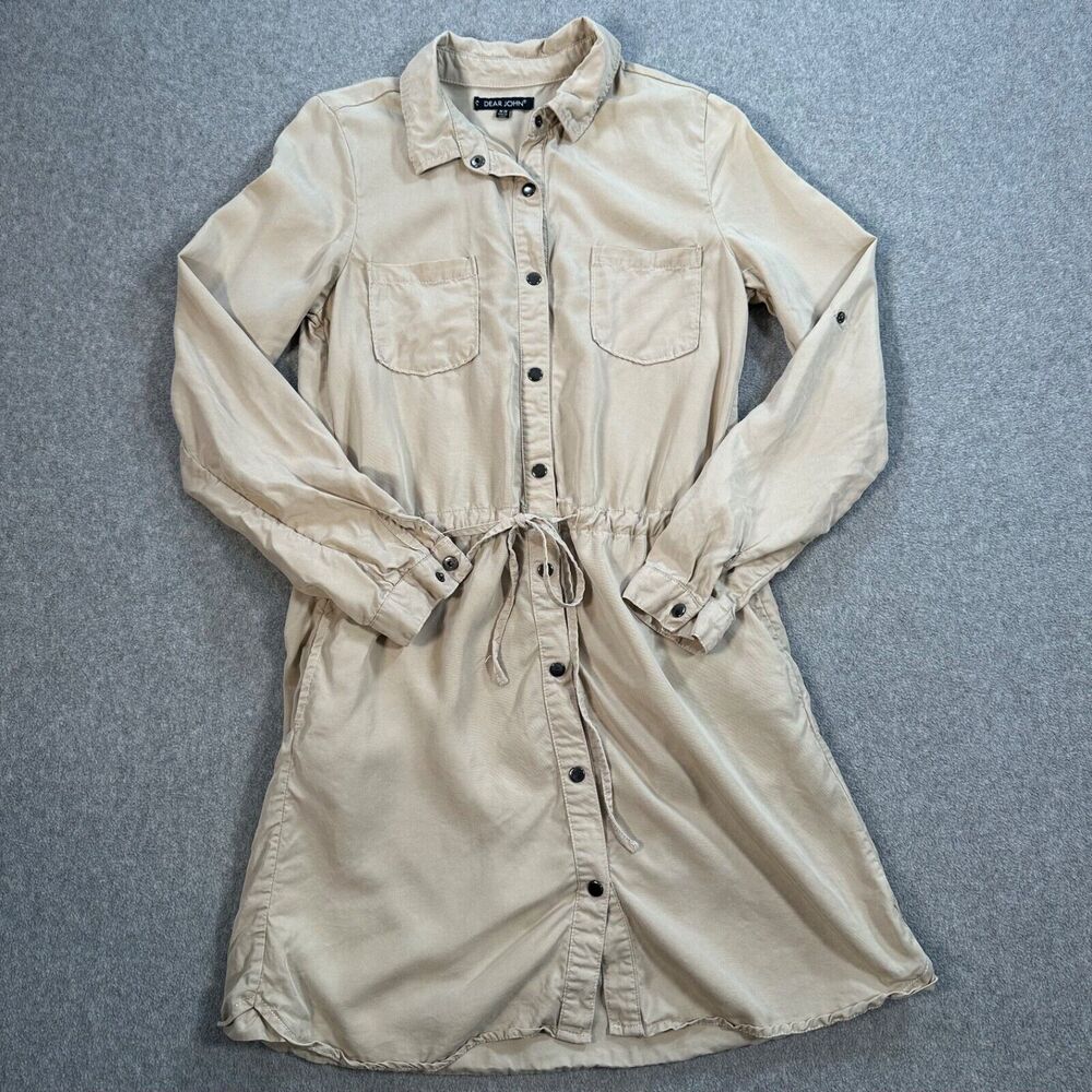 Dear John Shirt Dress Women's X-Small Beige Long Sleeve Collared Mini Utility